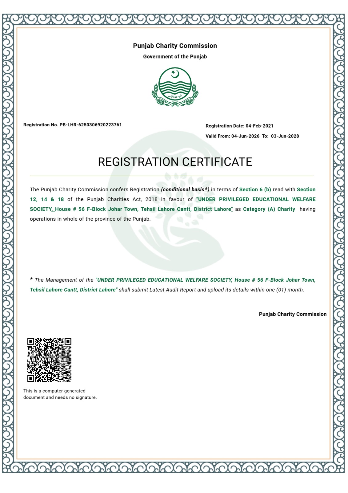 Punjab Charity Commission registration certificate for UEWS