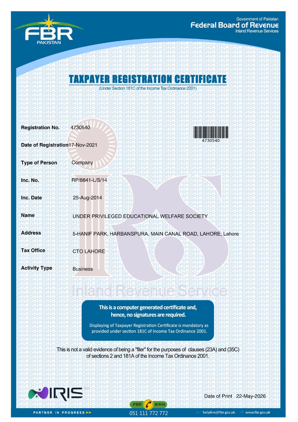 Federal Board of Revenue taxpayer registration certificate for UEWS