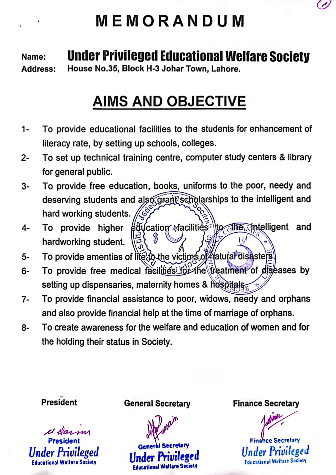 UEWS founding memorandum listing the aims and objectives of the society