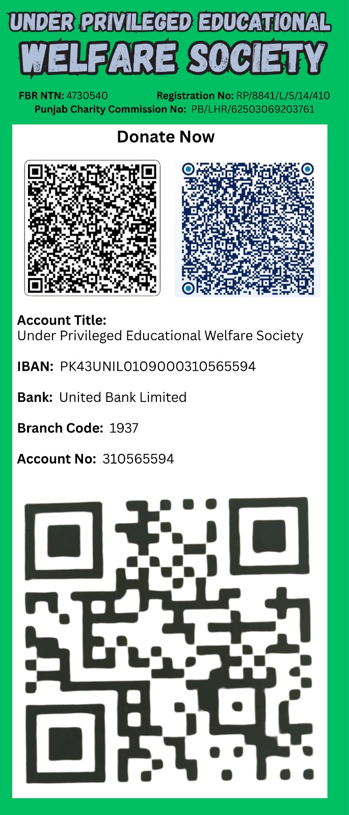 UEWS official donation card: QR codes plus bank account details