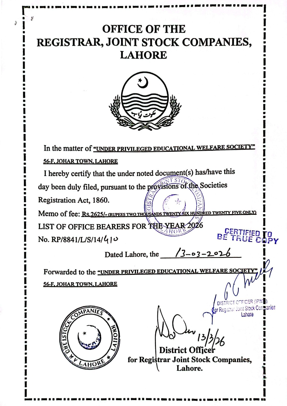 Registrar of Joint Stock Companies certificate for UEWS